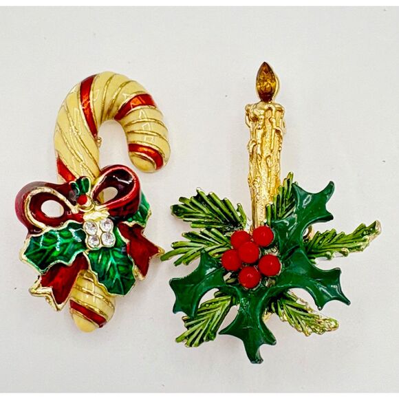 Two Vintage Rhinestone Enamel Christmas Pins Candy Cane Candle ROMA - Picture 1 of 7